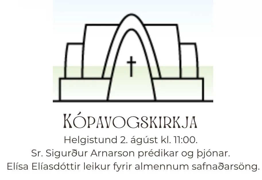 Stylizowany rysunek liniowy kościoła Kópavogskirkja z przecinającymi się łukami i krzyżem, z napisem KÓPAVOGSKIRKJA oraz islandzkimi informacjami o nabożeństwie poniżej.