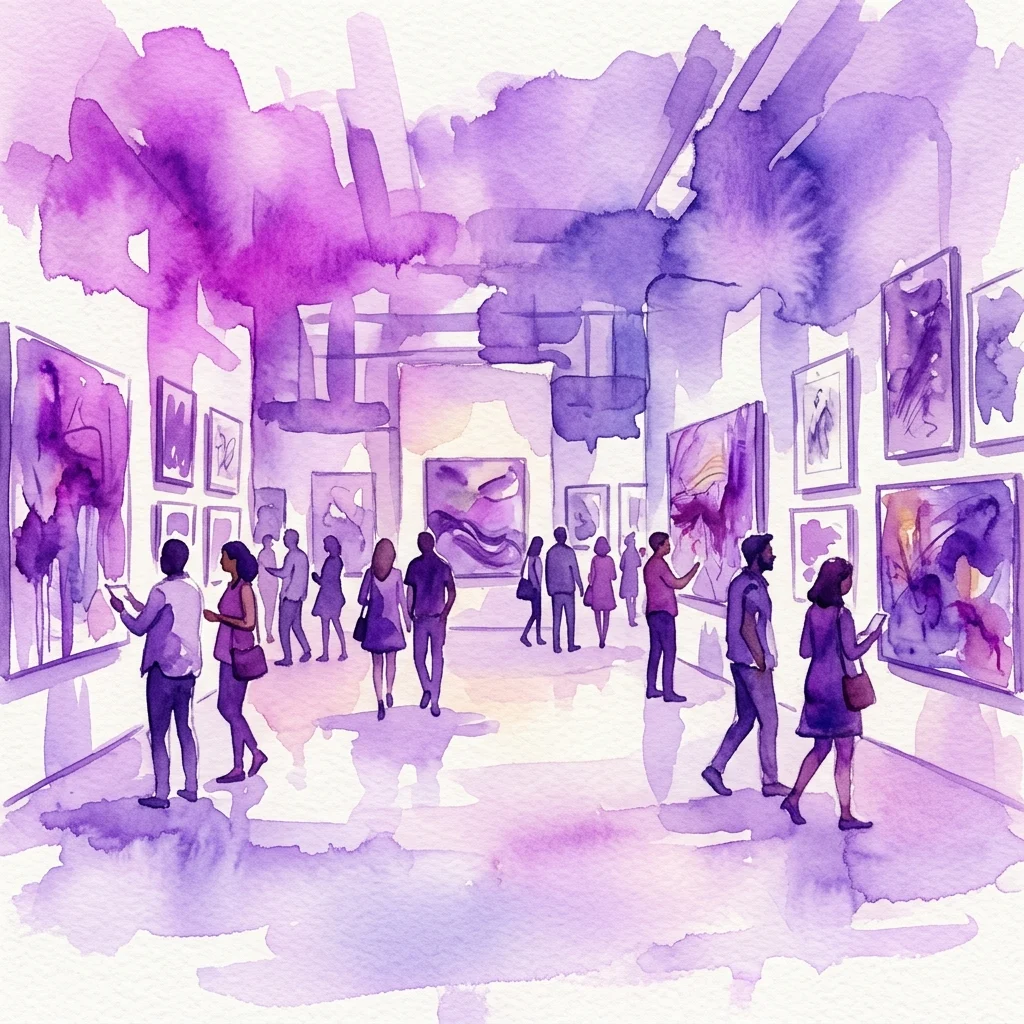 Watercolor illustration of visitors viewing abstract artworks in a gallery, featuring purple and pink hues, representing the contemporary art exhibition 'Im Erweiterten Raum' at Künstlerhaus.