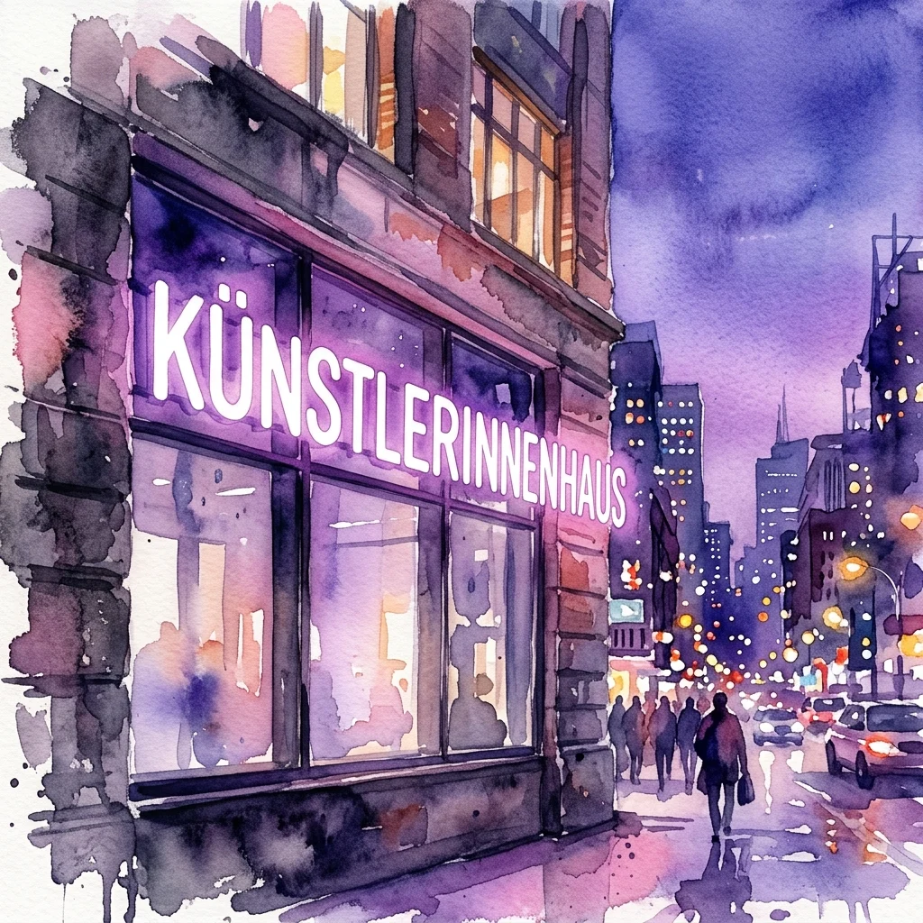 Watercolor illustration of a building exterior at dusk with a large neon sign reading 'KÜNSTLERINNENHAUS' in white, set against a cityscape with purple and blue hues.