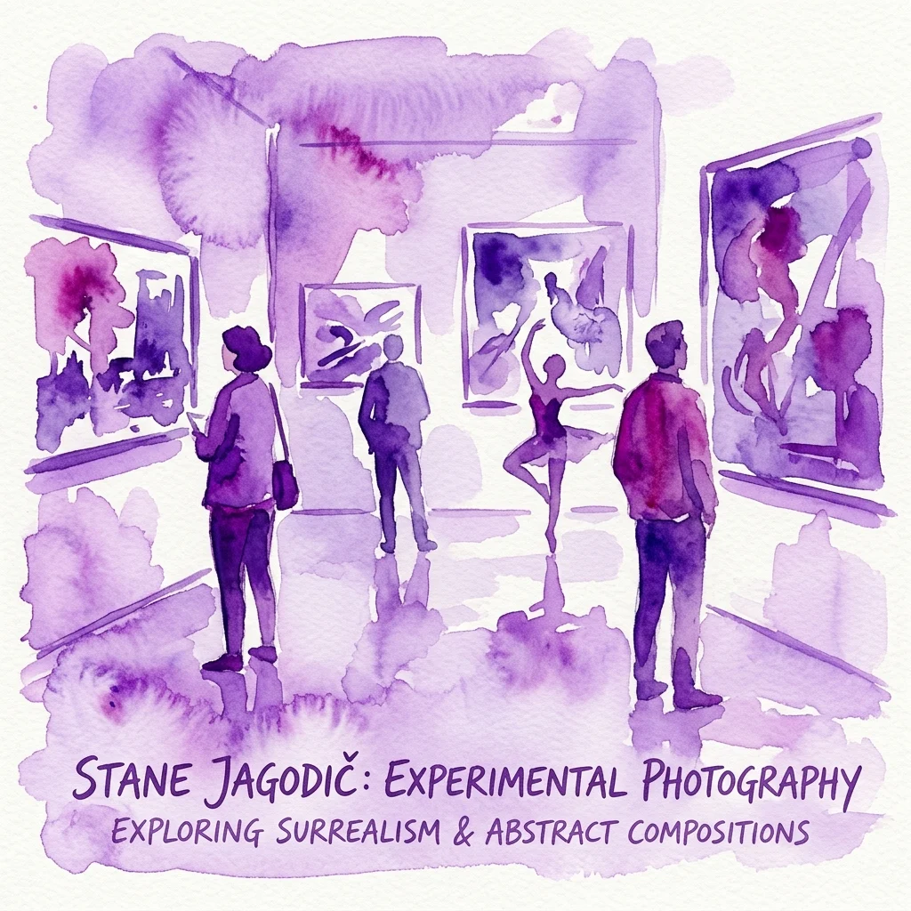 Watercolor illustration of visitors viewing abstract and surreal photographic artworks in a gallery, with text overlay identifying the exhibition as 'Stane Jagodič: Experimental Photography' exploring surrealism and abstract compositions.