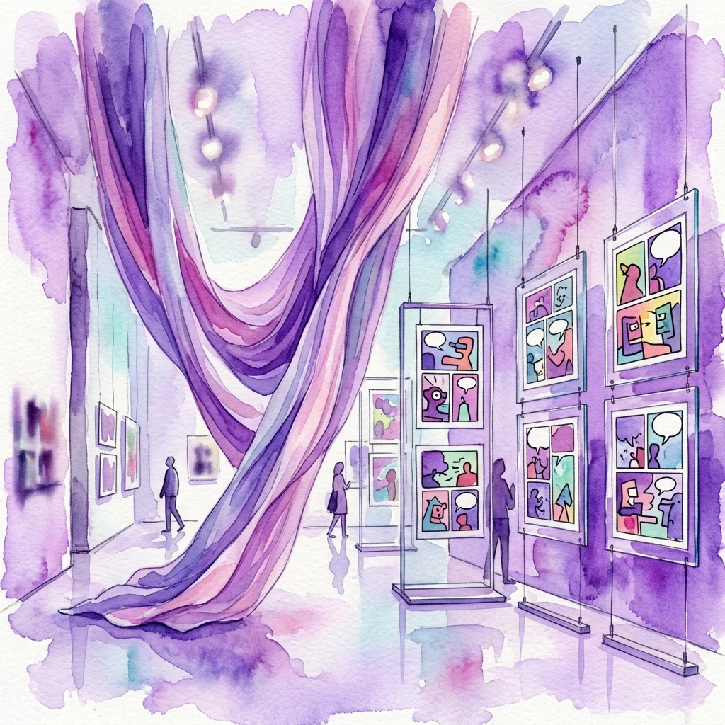 Akwarelowa ilustracja wnętrza galerii z dużymi, drapowanymi fioletowymi rzeźbami z tkaniny oraz oprawionymi obrazami w stylu komiksowym na przezroczystych ekspozytorach.