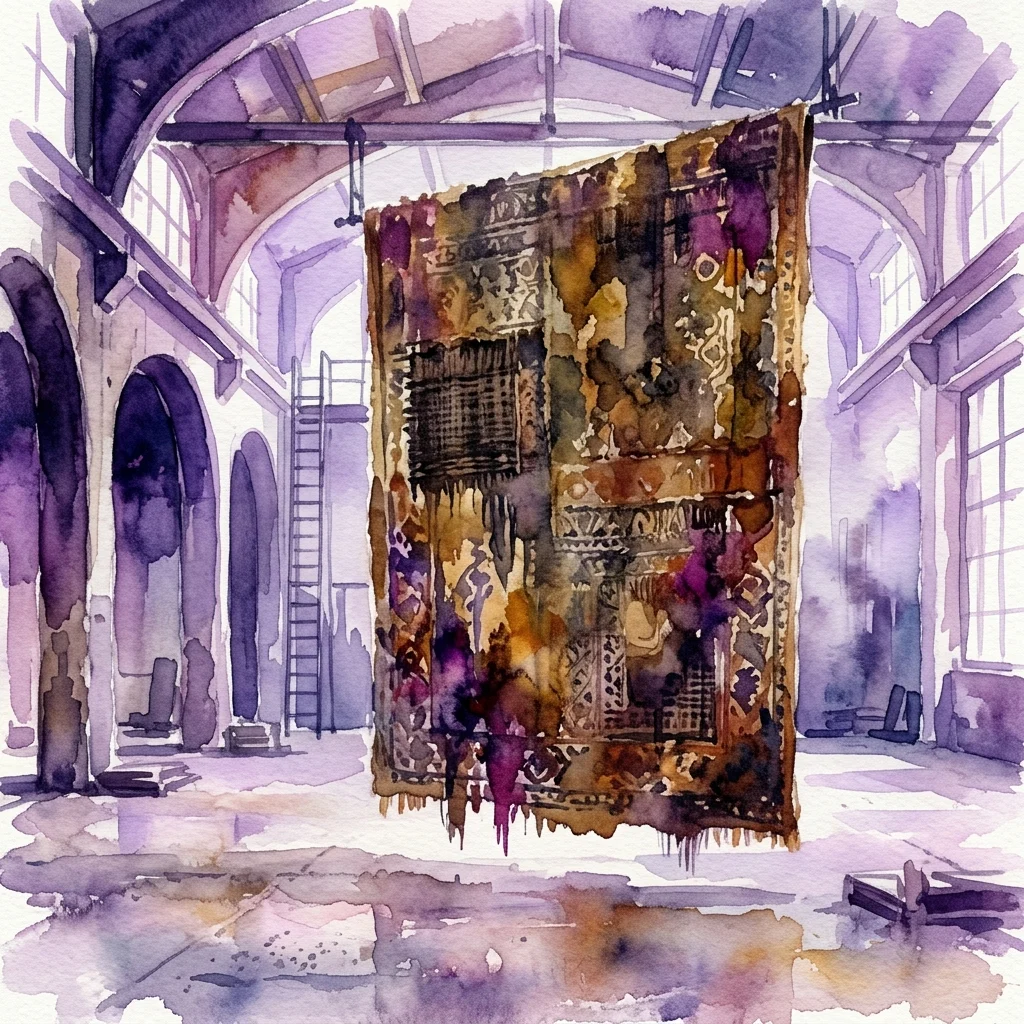 Ilustración en acuarela de un tapiz grande y desgastado con patrones terrosos y superpuestos, colgado en un espacio de exposición industrial de techos altos con ventanas arqueadas.