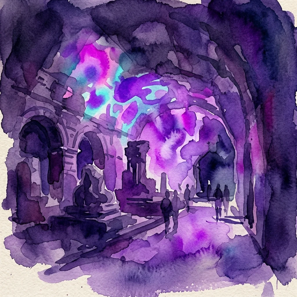 Ilustración en acuarela de una galería subterránea con arcos antiguos iluminados por proyecciones vibrantes en morado y cian, con siluetas de personas caminando por el espacio.