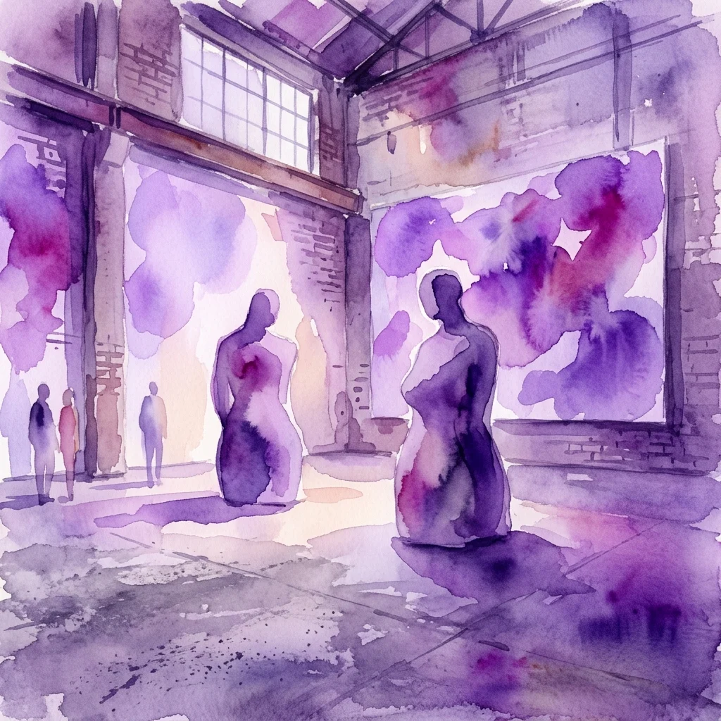 Ilustración en acuarela de un espacio de galería industrial con dos grandes figuras esculturales y proyecciones de pared en color violeta para la exposición M HKA On the Spot.