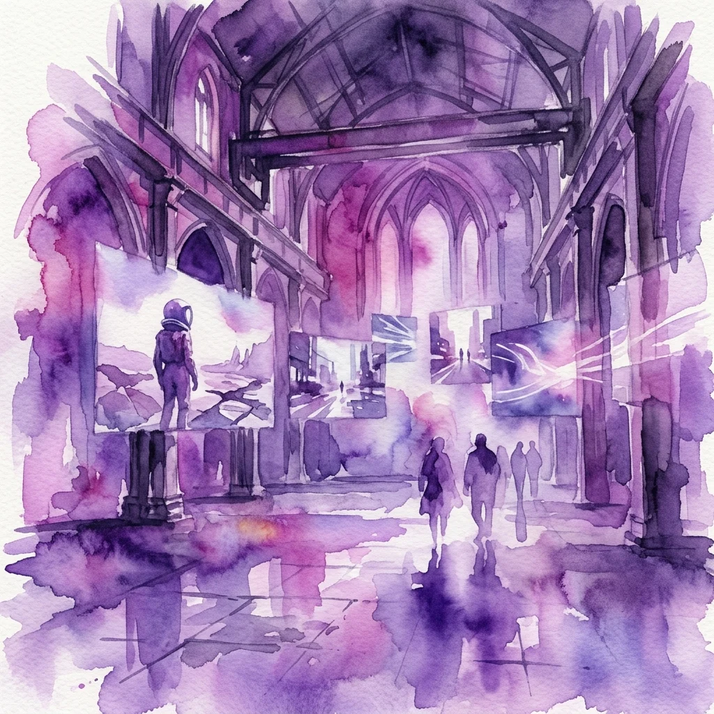 Ilustración en acuarela de una instalación de arte futurista en un vasto espacio de tonos púrpuras similar a una iglesia, que presenta grandes pantallas con imágenes de ciencia ficción y visitantes.
