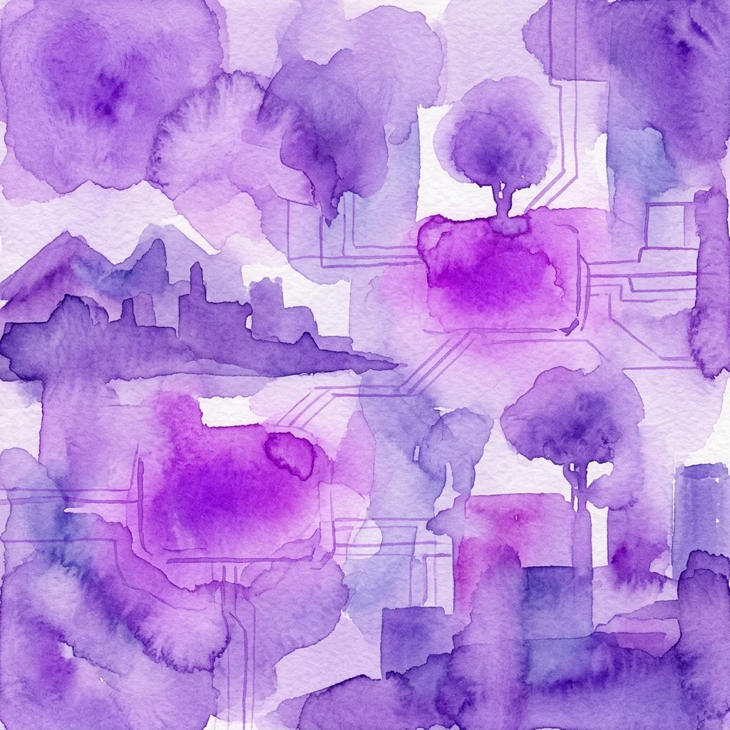 Abstract aquarelkunstwerk in paarse tinten, dat een mix van natuurlijke landschappen en digitale interface-elementen weergeeft, ter representatie van speculatieve exploratie in virtuele werelden.
