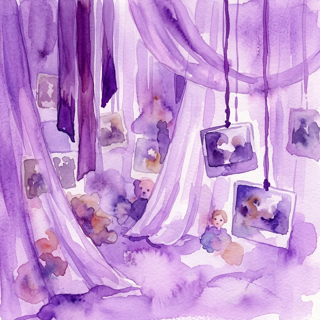 Een meeslepende kunstinstallatie van Annette Messager met paarse stoffen draperieën, hangende foto's en knuffels, die thema's als herinnering en identiteit oproepen.