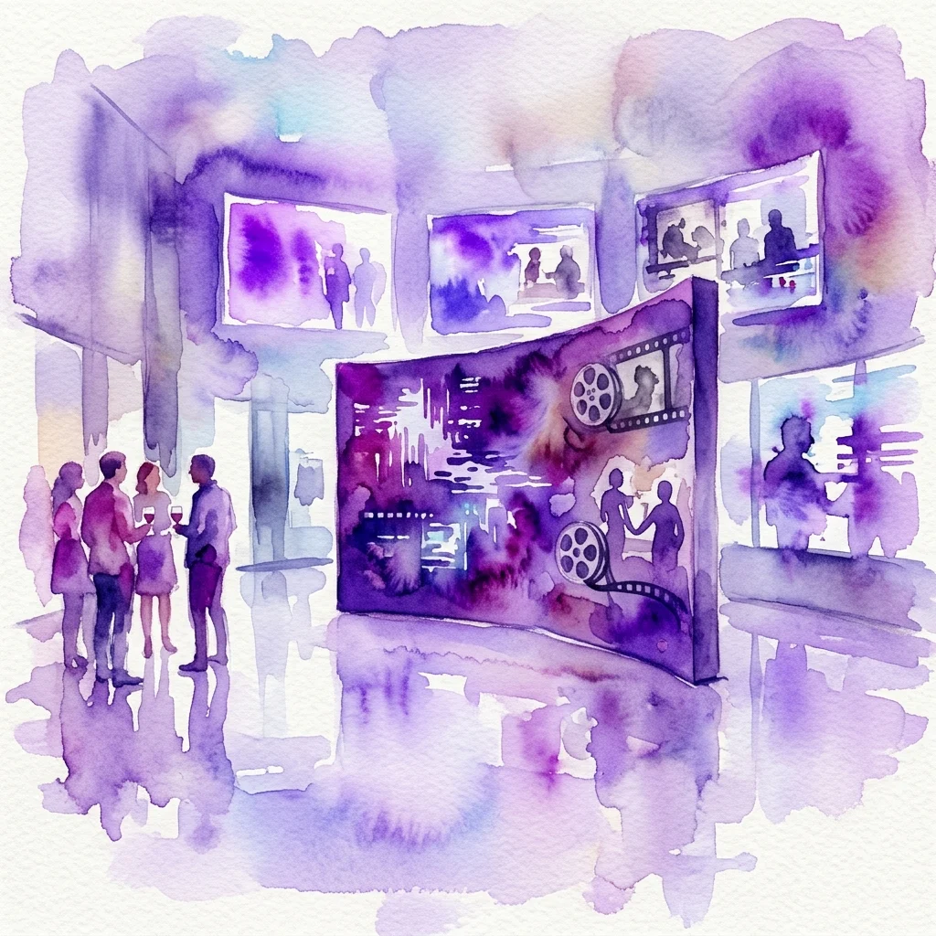 Een aquarelillustratie van een hedendaagse kunstgalerie met videokunstinstallaties in paarse en blauwe tinten, waar bezoekers bijeenkomen om schermen te bekijken die abstracte beelden en filmrolmotieven tonen.