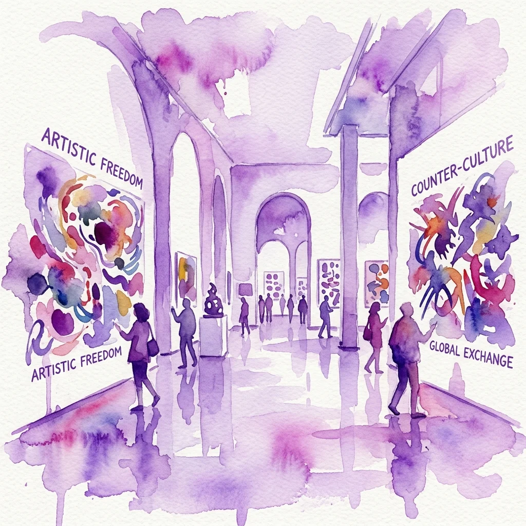 Ilustracja akwarelowa przestrzeni galerii z odwiedzającymi oglądającymi dzieła sztuki, z nałożonymi tekstami 'ARTISTIC FREEDOM', 'COUNTER-CULTURE' i 'GLOBAL EXCHANGE' na dużych instalacjach abstrakcyjnych.