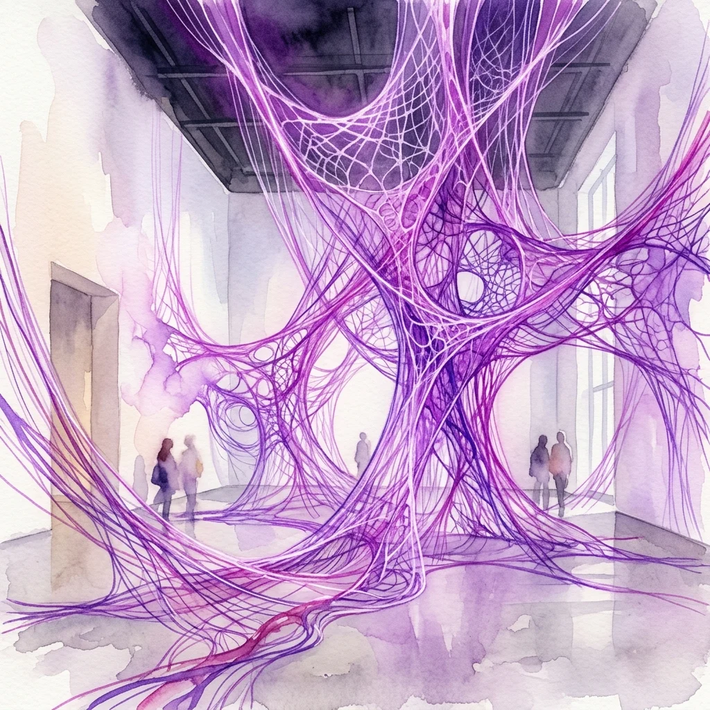 Immersieve kunstinstallatie van Chiharu Shiota met ingewikkelde paarse en roze draden, opgehangen in een minimalistische galerie, die thema's van verbinding en herinnering oproepen.