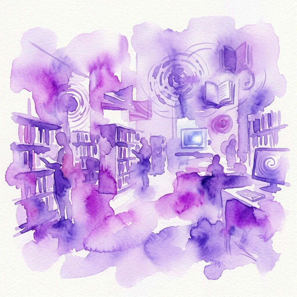 Een paarse aquarelillustratie van een bibliotheekruimte met boekenplanken, lezende mensen en digitale schermen, die de Elmgreen & Dragset-tentoonstelling 'READ' in Kunsthalle Praha vertegenwoordigt.