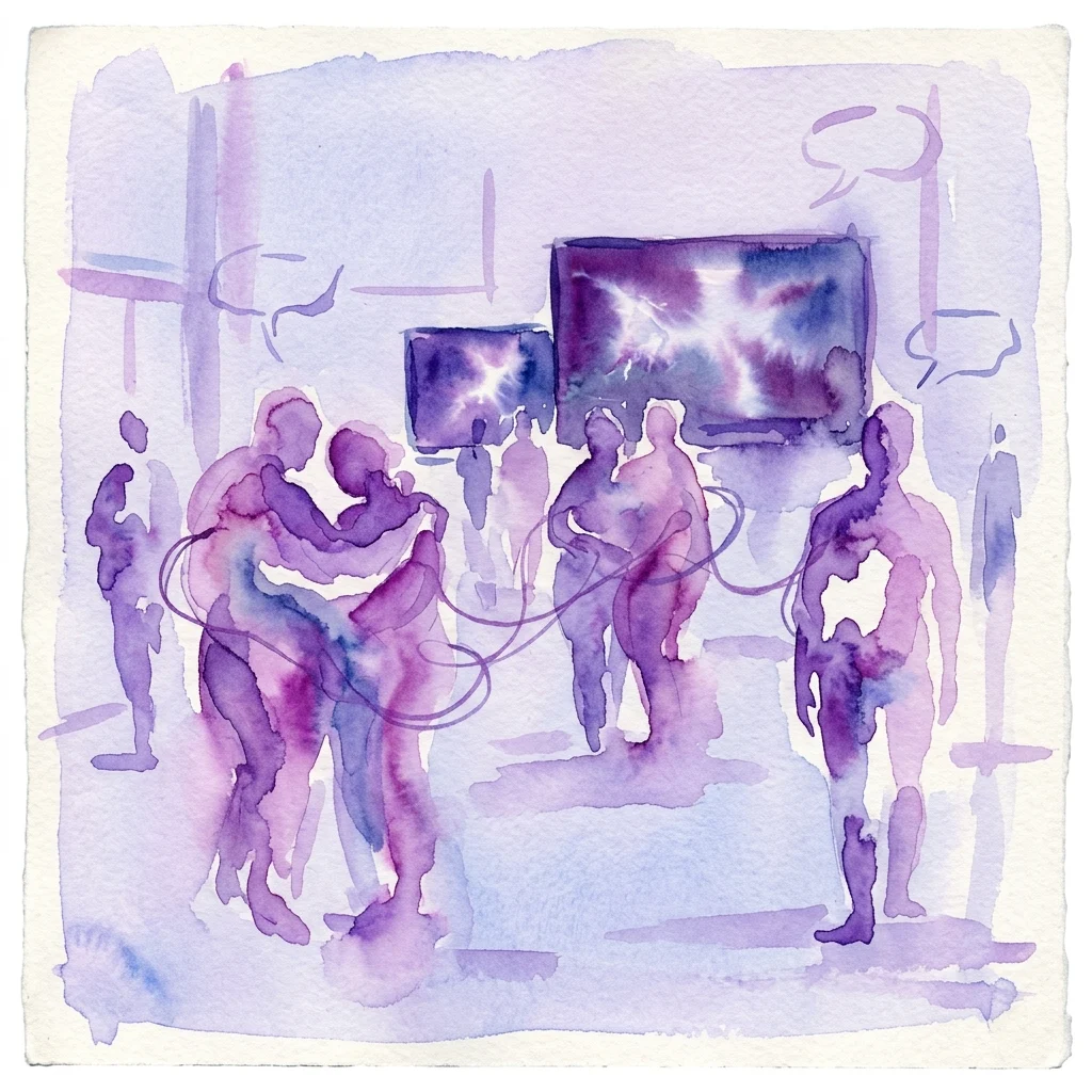 Een aquarelillustratie van abstracte menselijke figuren in paarse en blauwe tinten, met spraakballonnen en videoschermen, die thema's van communicatie en intimiteit uit de tentoonstelling van Ester Geislerová in Kunsthalle Praha vertegenwoordigen.