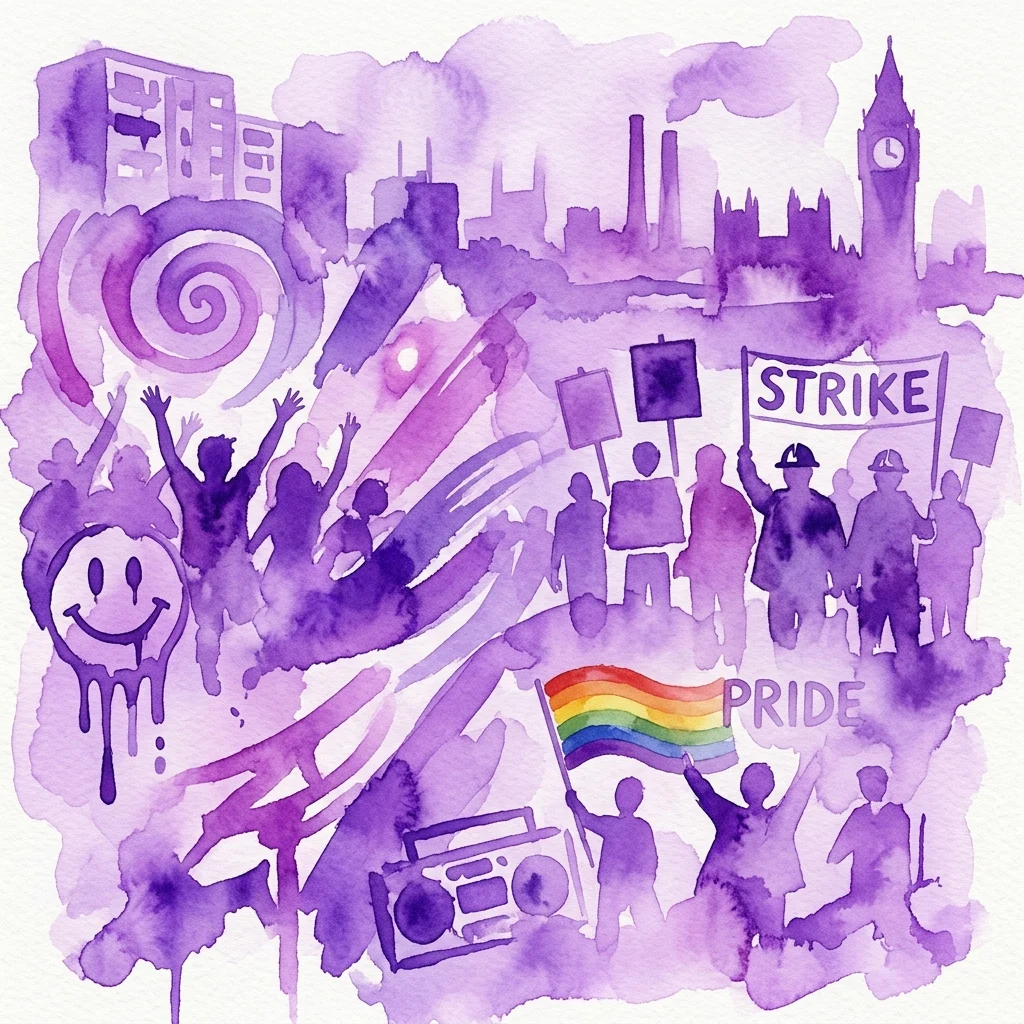 Een paarse aquarelmontage die de Britse jeugdcultuur van de jaren '80 en '90 afbeeldt, met ravefeesten, protesten tegen de mijnwerkersstaking, LGBT-pride en iconische symbolen zoals Big Ben en een smiley, die Jeremy Deller's film 'Everybody In The Place' representeert.
