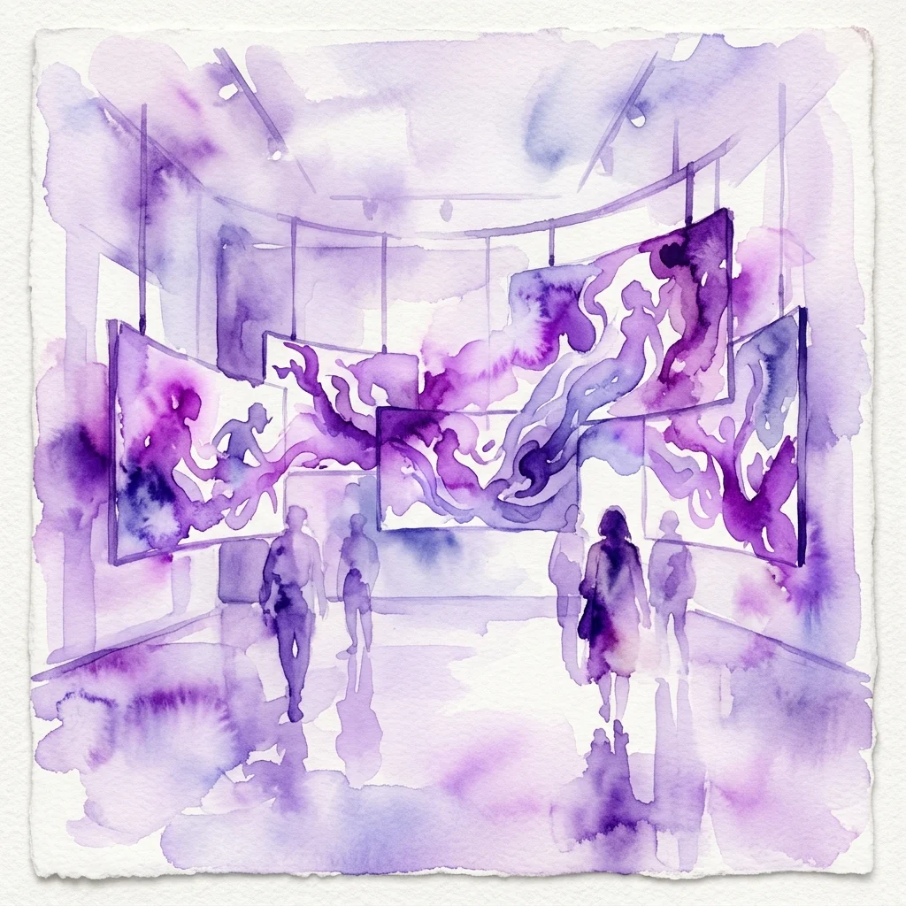 Watercolor illustration of a gallery space with multiple screens displaying abstract purple and blue imagery, visitors observing a multi-channel video installation.