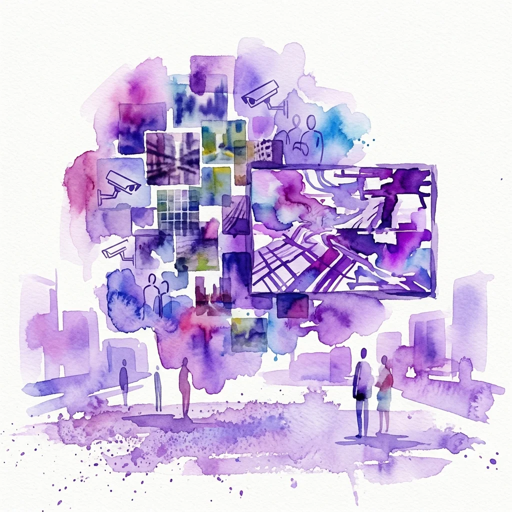 Een aquarelillustratie van een digitale kunstinstallatie met een collage van vervormde Google Street View-beelden, beveiligingscamera's en ge silhouetteerde figuren die een groot scherm observeren, wat thema's oproept van digitale surveillance en stedelijke identiteit.