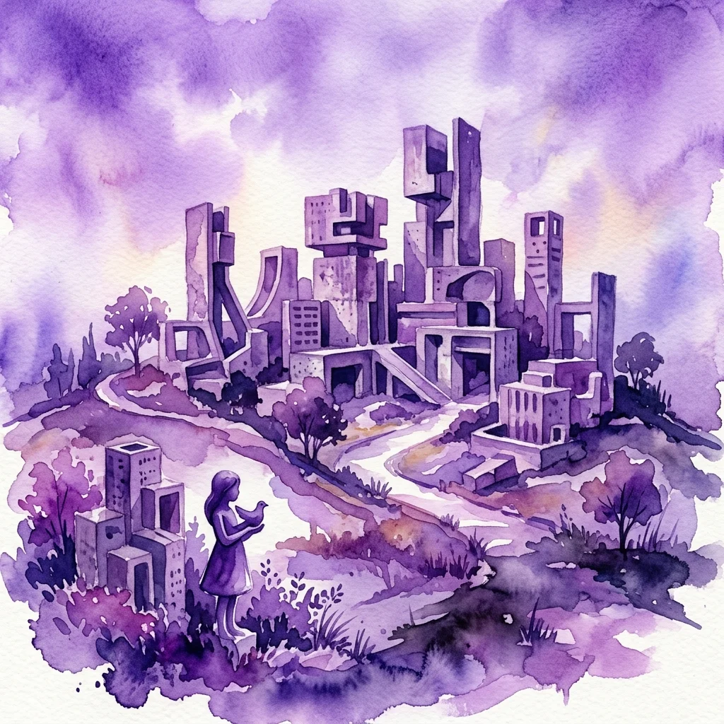 A watercolor illustration of a miniature concrete city featuring abstract Brutalist architecture sculptures, with a girl holding a dove in the foreground, evoking themes of memory and history.