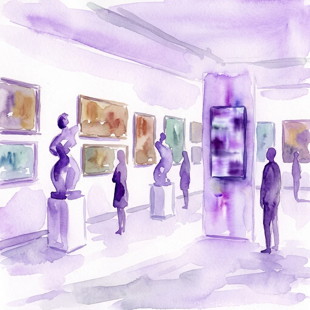 Watercolor illustration of a modern art gallery with purple hues, featuring sculptures, paintings, and visitors exploring the exhibition space.