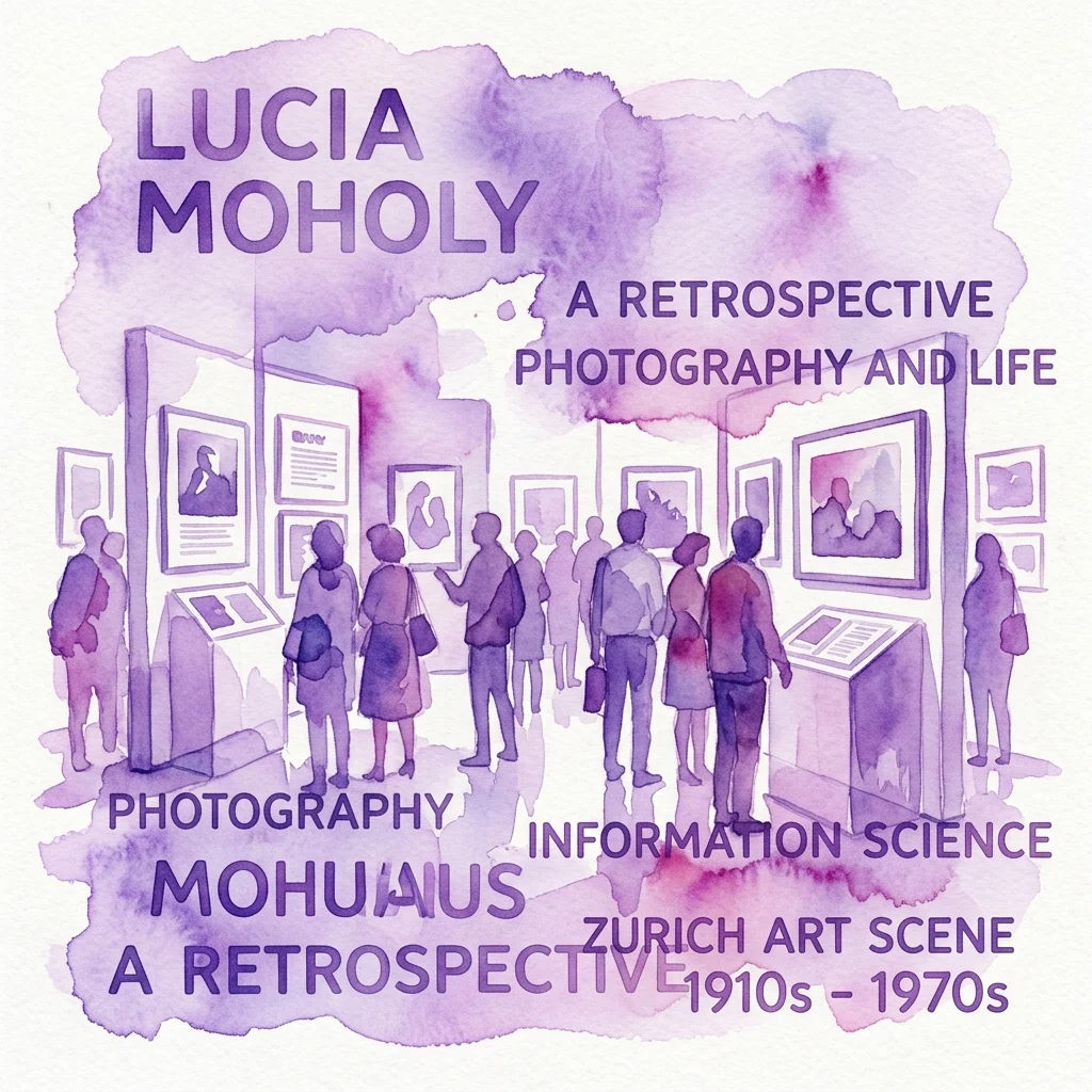 Watercolor illustration of a museum exhibition with visitors viewing framed photographs and displays, promoting the Lucia Moholy retrospective on photography and life from the 1910s to 1970s.