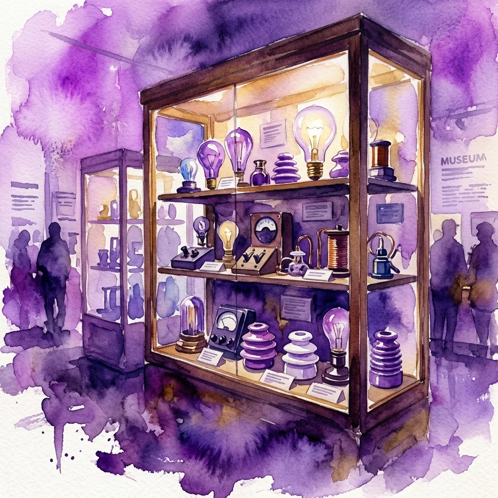 Een aquarelillustratie van Mark Dion's 'Cabinet of Electrical Curiosities' in Kunsthalle Praha, met vintage elektrische componenten zoals gloeilampen, schakelaars en isolatoren tentoongesteld in glazen kasten met een paarsachtige achtergrond.