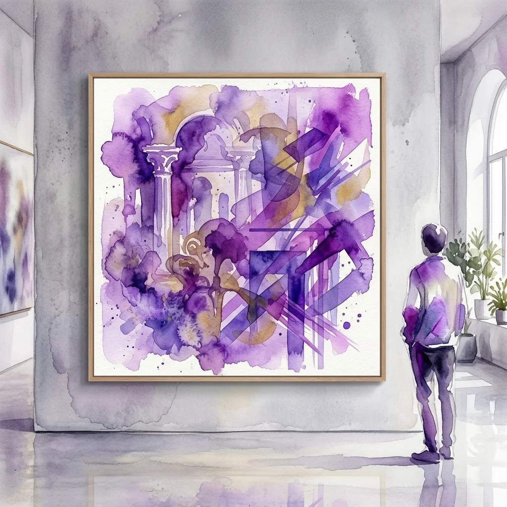 Una persona contempla una gran obra de arte abstracta en acuarela en tonos púrpuras y dorados, con motivos de columnas clásicas, expuesta en un espacio de galería moderno con paredes de hormigón y ventanas de arco.