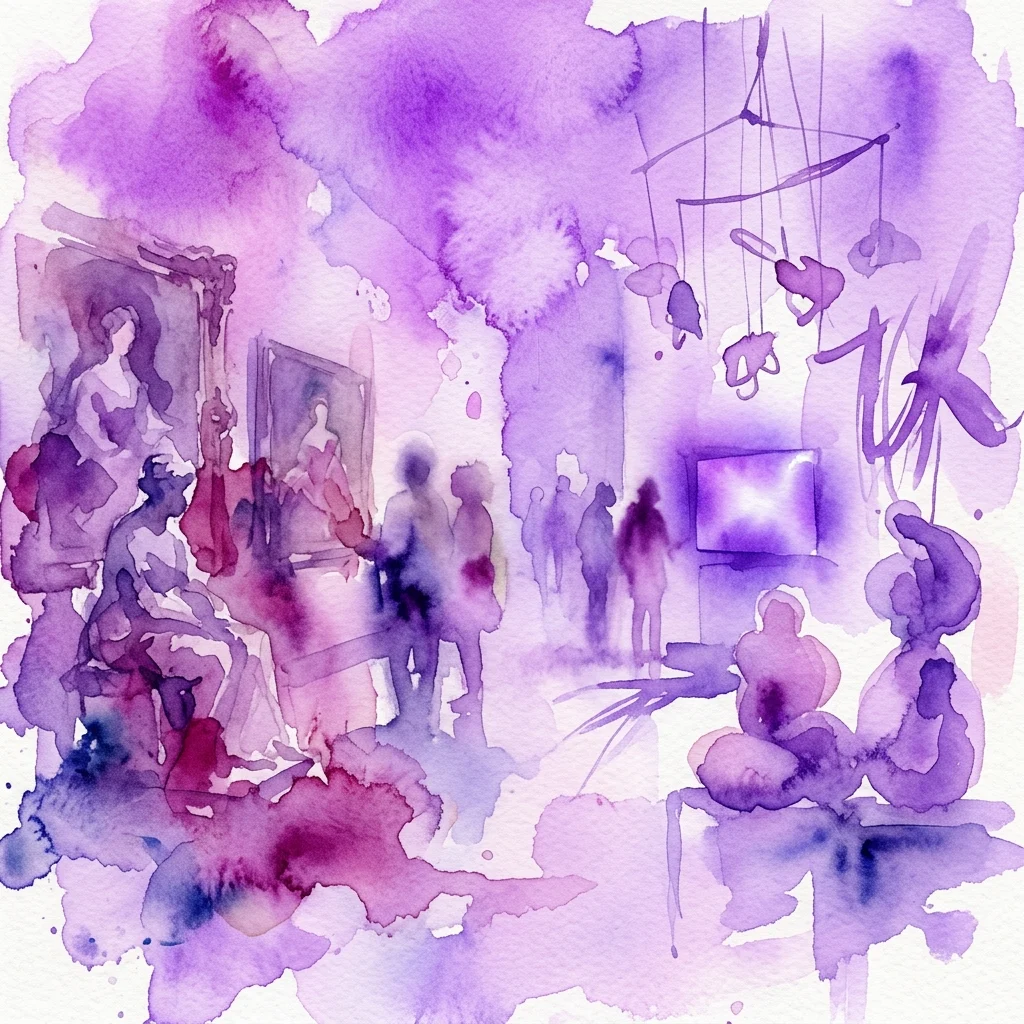 Ilustración en acuarela de una exposición de arte con visitantes contemplando obras de arte, con tonos púrpuras y rosados, esculturas colgantes y una atmósfera contemplativa.