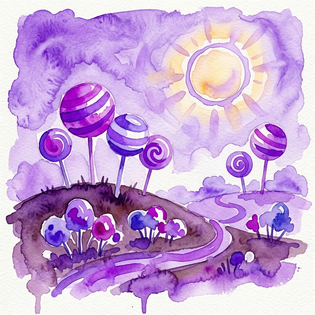 A surreal watercolor landscape with lollipop-shaped trees, chocolate-like ground, and a sweet sun, reflecting Markéta Magidová's exploration of children's aesthetics and imagination.