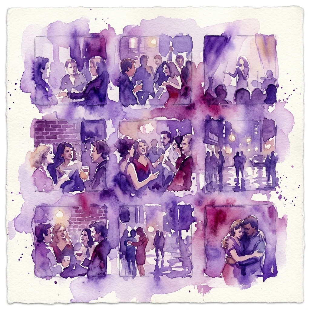 Watercolor collage depicting intimate scenes from 1970s-80s New York nightlife, featuring diverse individuals in social gatherings, bars, and performances, reflecting Nan Goldin's 'The Ballad of Sexual Dependency'.