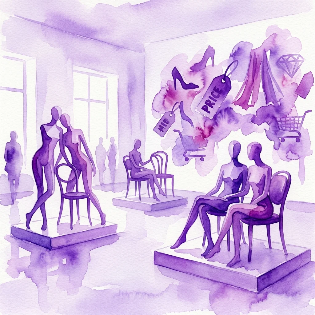 Una instalación de arte surrealista en una galería que presenta híbridos abstractos de maniquí-silla y un telón de fondo de acuarela morada con símbolos consumistas como etiquetas de precios, carritos de compras y tacones altos, explorando el deseo y el consumismo.