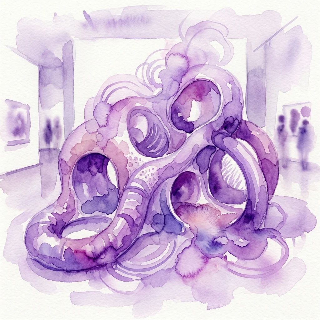 Waterverfillustratie van een abstract paars beeldhouwwerk in een galerie, dat een interactieve zintuiglijke installatie van sikau/pubalova voorstelt die thema's als spijsvertering en absorptie verkent.