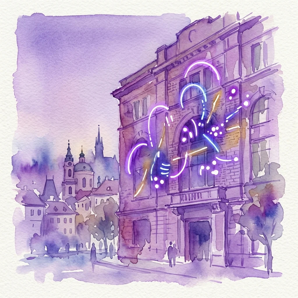 Watercolor illustration of the Zenger Transformer Station in Prague, featuring kinetic neon light sculptures on its facade, with the city's historic architecture in the background.