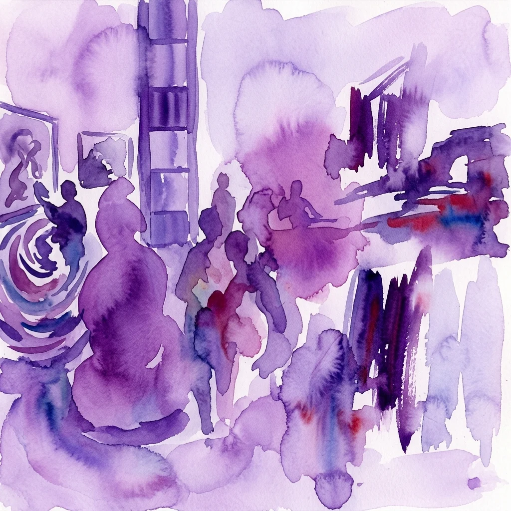 Abstract aquarelkunstwerk in paars- en violettinten, met onduidelijke figuren en vormen, kenmerkend voor de expressieve stijl van William Kentridge die thema's als geschiedenis en menselijke emotie onderzoekt.