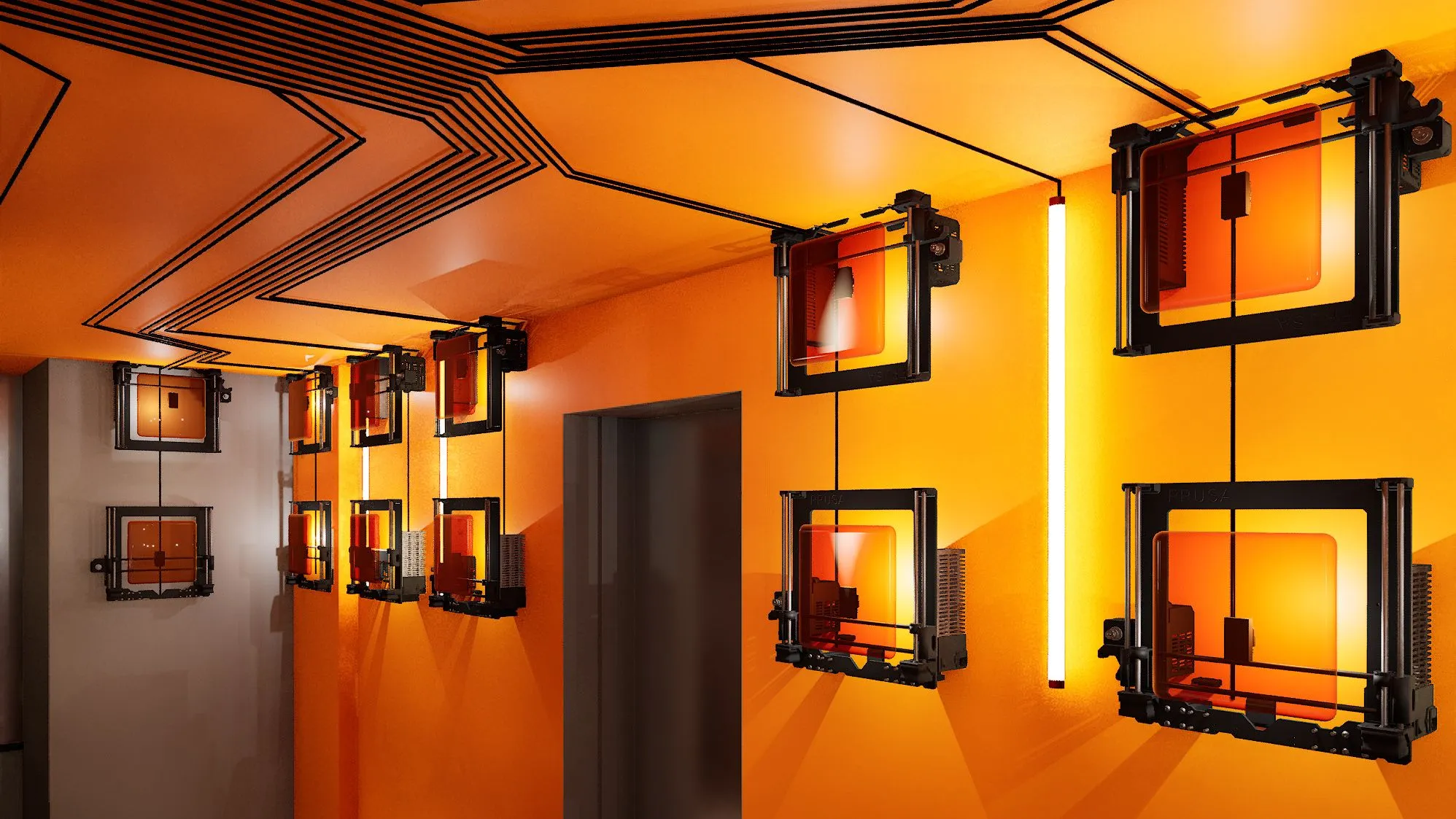 Interior hallway with orange walls and black framed illuminated art installations