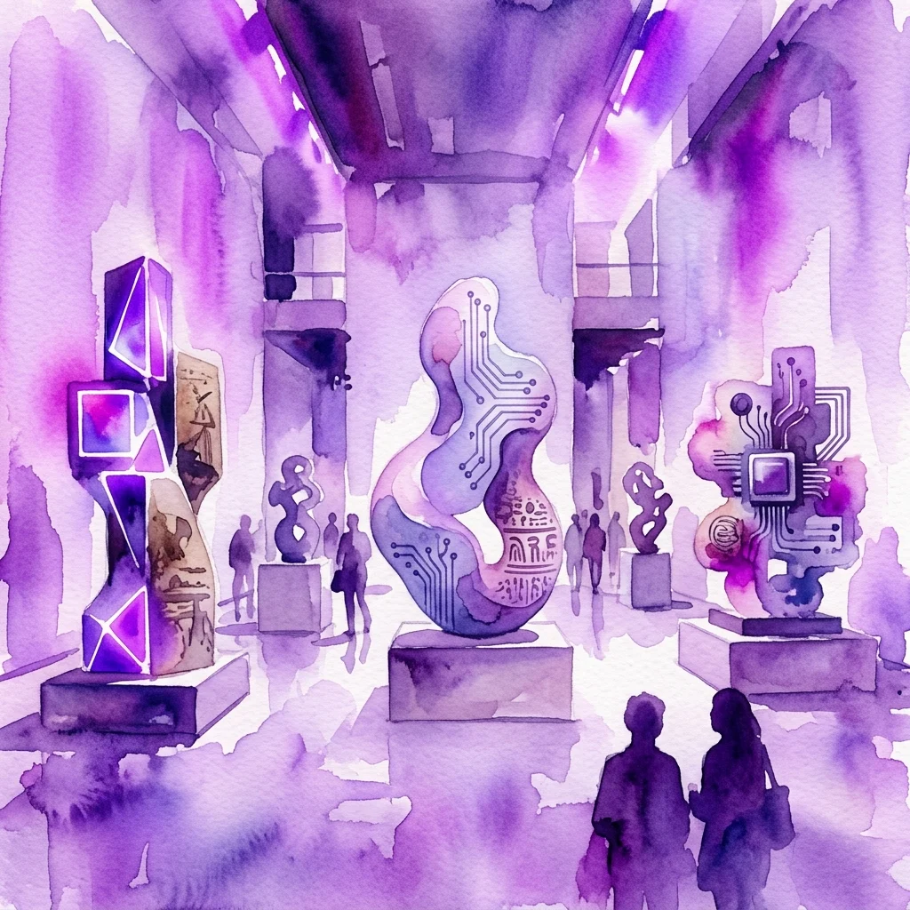 Ilustracja w stylu akwareli przedstawiająca galerię sztuki z współczesnymi rzeźbami z wzorami płytek drukowanych, łącząca technologię i kulturę, autorstwa Aleksandry Domanović.