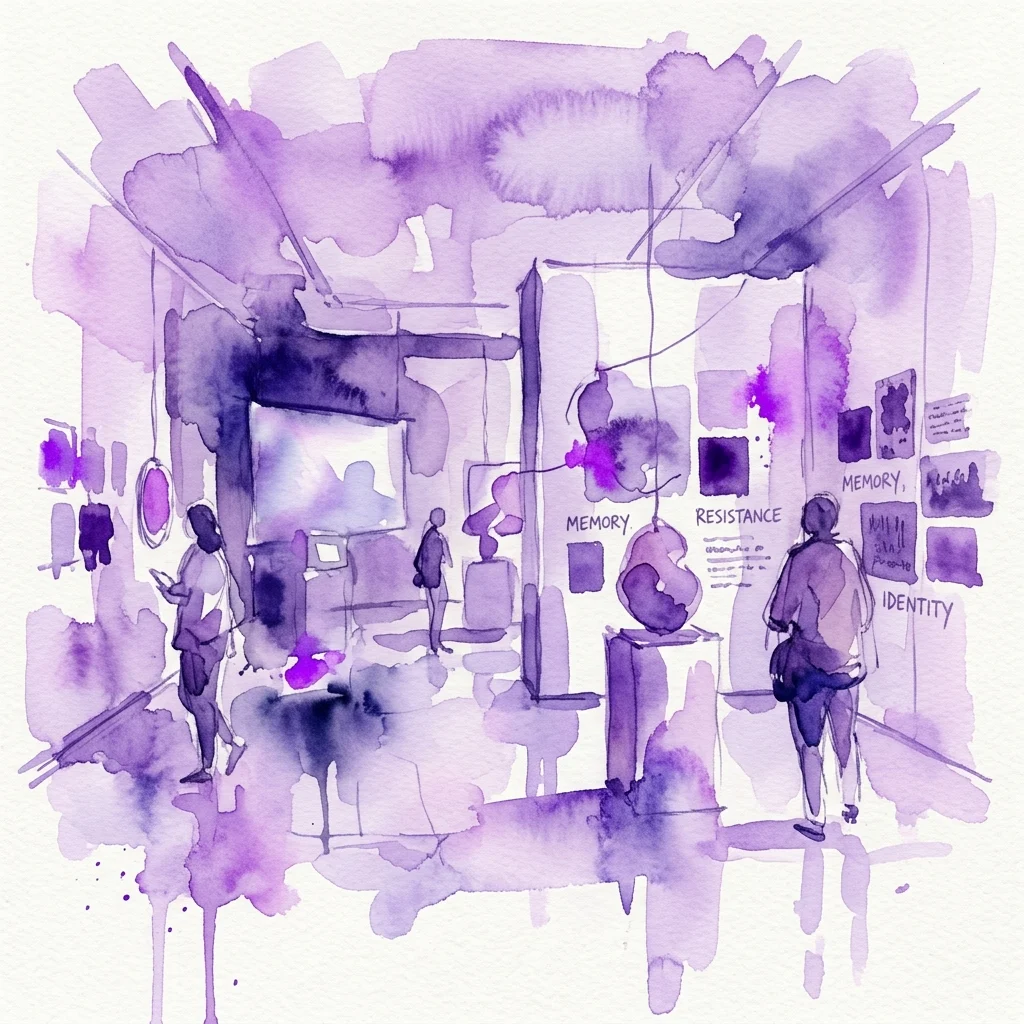 Ilustracja akwarelowa wystawy sztuki w odcieniach fioletu, przedstawiająca zwiedzających oglądających instalacje z etykietami tekstowymi takimi jak 'PAMIĘĆ', 'OPÓR' i 'TOŻSAMOŚĆ' w nowoczesnej przestrzeni galerii.