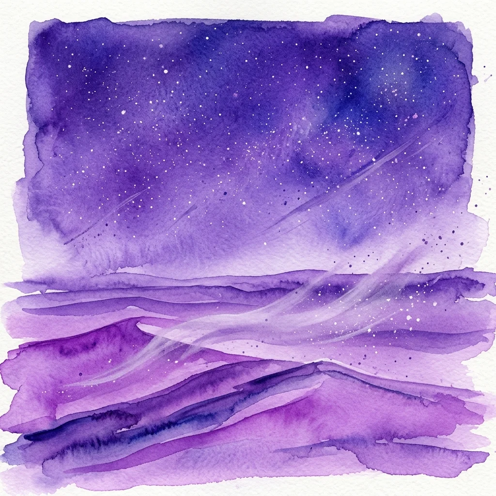 Een paars aquarel van een sterrenhemel boven een woestijnlandschap, die de thema's van de tentoonstelling 'Ancestral Clouds Ancestral Claims' van Denise Ferreira da Silva en Arjuna Neuman oproept.
