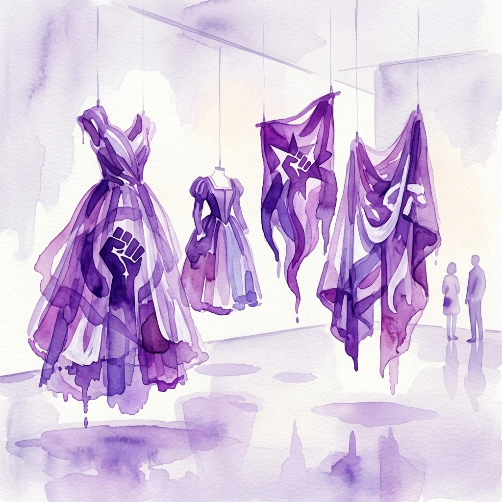 A watercolor illustration of Chalisée Naamani's art installation featuring purple, garment-like sculptures with raised fist symbols hanging in a gallery space.