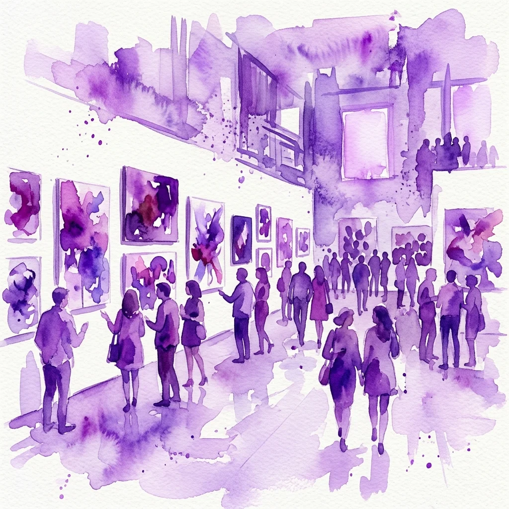 Ilustracja akwarelowa nowoczesnej galerii sztuki z odwiedzającymi oglądającymi abstrakcyjne dzieła sztuki na białych ścianach, wykonana w żywej fioletowej palecie.