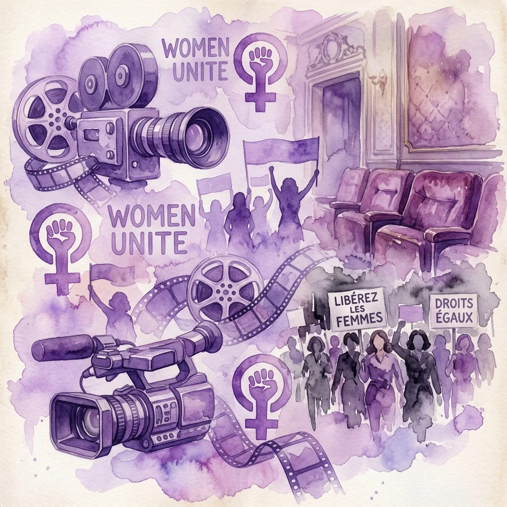 Ilustracja akwarelowa przedstawiająca rolki filmowe, kamery wideo i symbole feministyczne, takie jak symbol Wenus z podniesioną pięścią, obok protestujących trzymających transparenty z napisami 'LIBÉREZ LES FEMMES' i 'DROITS ÉGAUX', nawiązująca do francuskich feministycznych kolektywów wideo z lat 70. i 80.