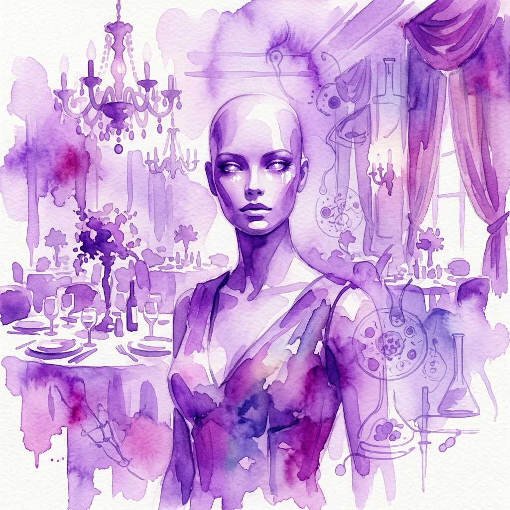 Een paars aquarelkunstwerk dat een hyperrealistisch model met geanimeerde ogen afbeeldt, tegen een achtergrond van een bankettafel en medische beelden, met thema's van taal, keuken en verval uit Diego Marcon's tentoonstelling 'La Gola'.