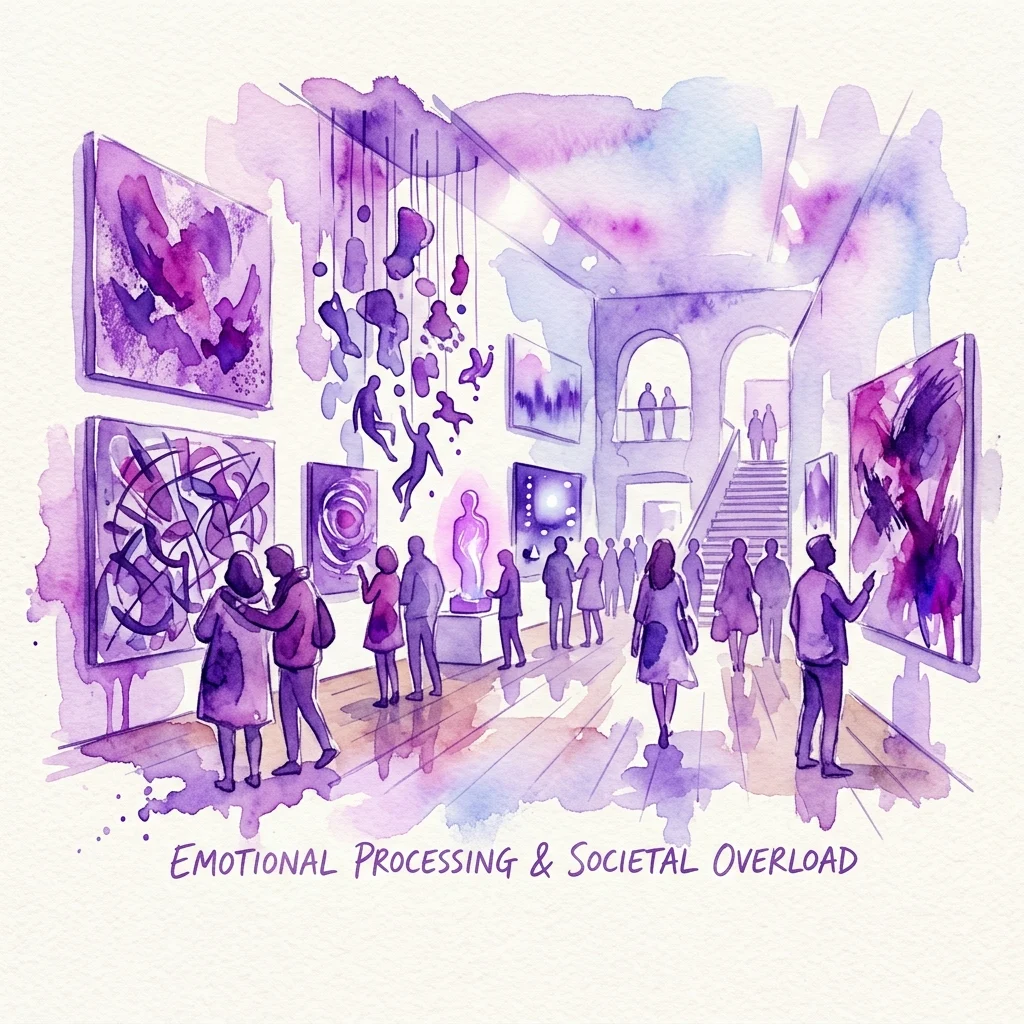 Ilustracja akwarelowa współczesnej wystawy sztuki pod tytułem 'Do Nothing, Feel Everything', przedstawiająca odwiedzających oglądających abstrakcyjne dzieła sztuki w galerii w odcieniach fioletu i błękitu, eksplorująca tematykę przetwarzania emocji i przeciążenia społecznego.