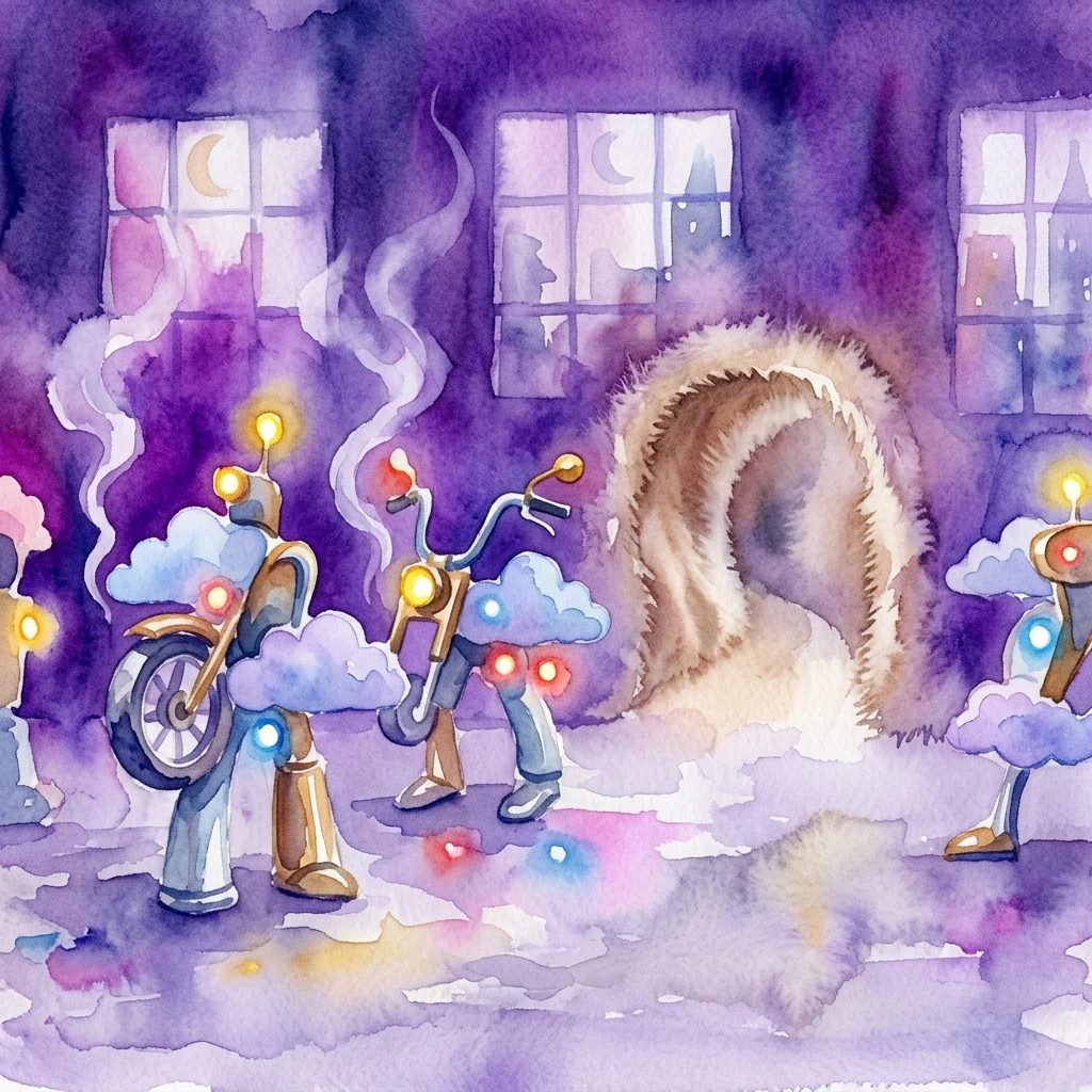 Surreal watercolor artwork from Guan Xiao's exhibition at Kunsthalle Wien, featuring anthropomorphic figures with motorcycle parts and cloud bases, set against a purple backdrop with faux windows and a furry tunnel.