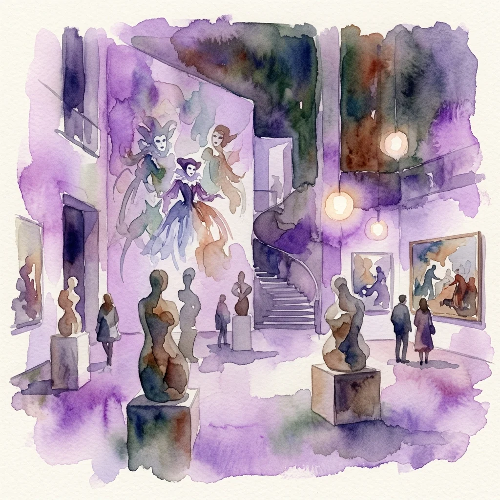 Watercolor illustration of an art gallery with sculptures, paintings, and a large mural featuring theatrical figures in a dreamlike, purple-hued space.