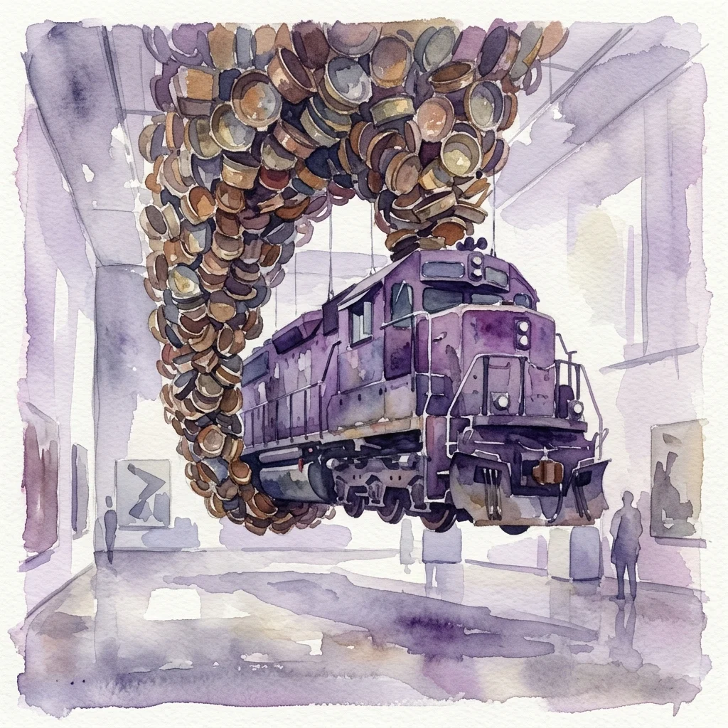 A watercolor rendering of Ibrahim Mahama's art installation featuring a suspended diesel locomotive supported by thousands of weathered headpans in a gallery setting.