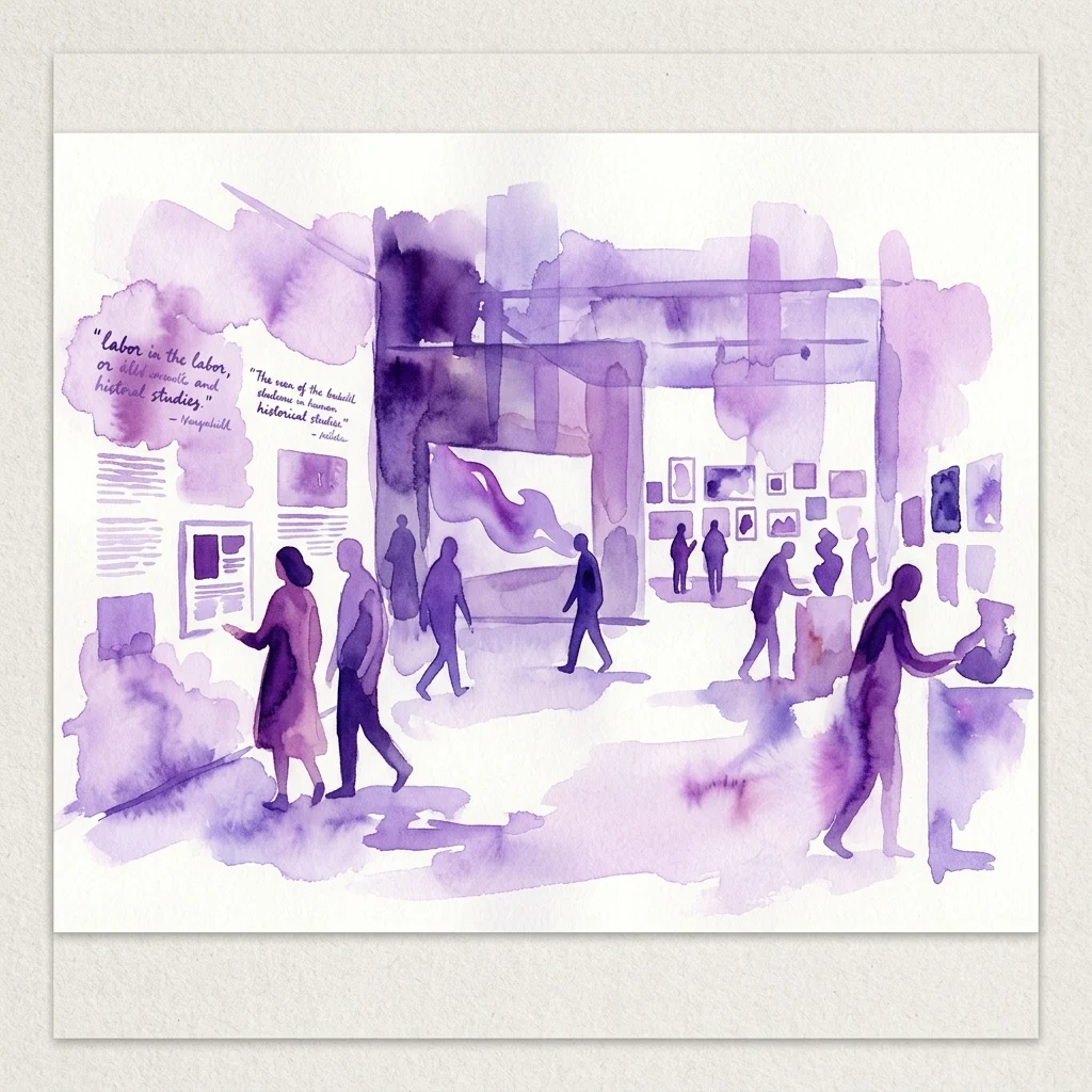 A watercolor illustration of an art exhibition with visitors viewing artworks, featuring purple hues and text excerpts about labor and historical studies.