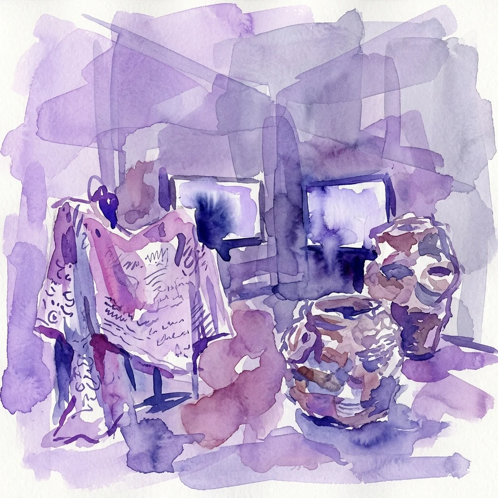 Watercolor illustration of mixed-media artworks in a gallery, featuring textiles, video screens, and papier-mâché sculptures in purple and blue tones.