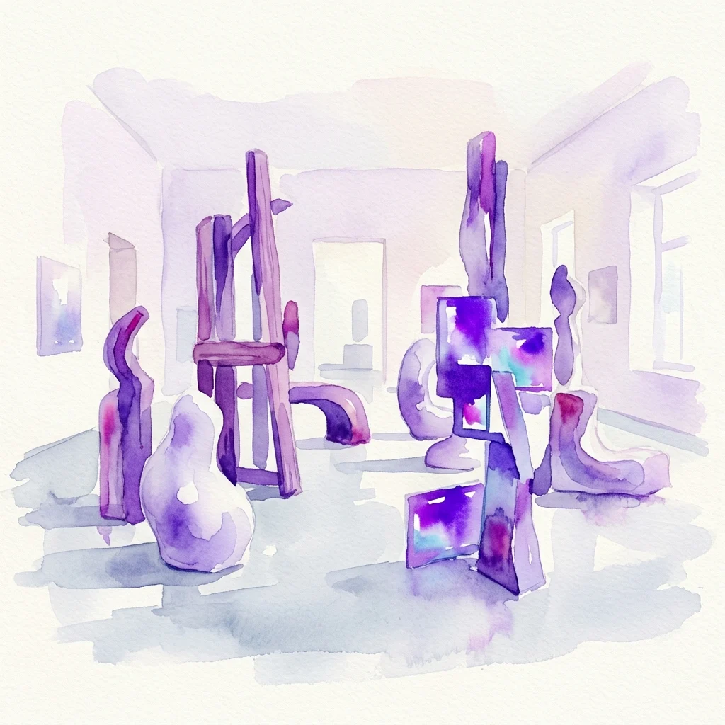 Ilustracja akwarelowa abstrakcyjnych rzeźb i instalacji w przestrzeni galerii, w odcieniach fioletu i błękitu, przedstawiająca wystawę Kunsthalle Wien Preis 2025.