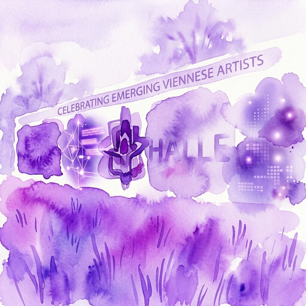 Een paars aquarel kunstwerk met de tekst 'CELEBRATING EMERGING VIENNESE ARTISTS' en het woord 'KUNSTHALLE' met abstracte digitale en organische elementen.