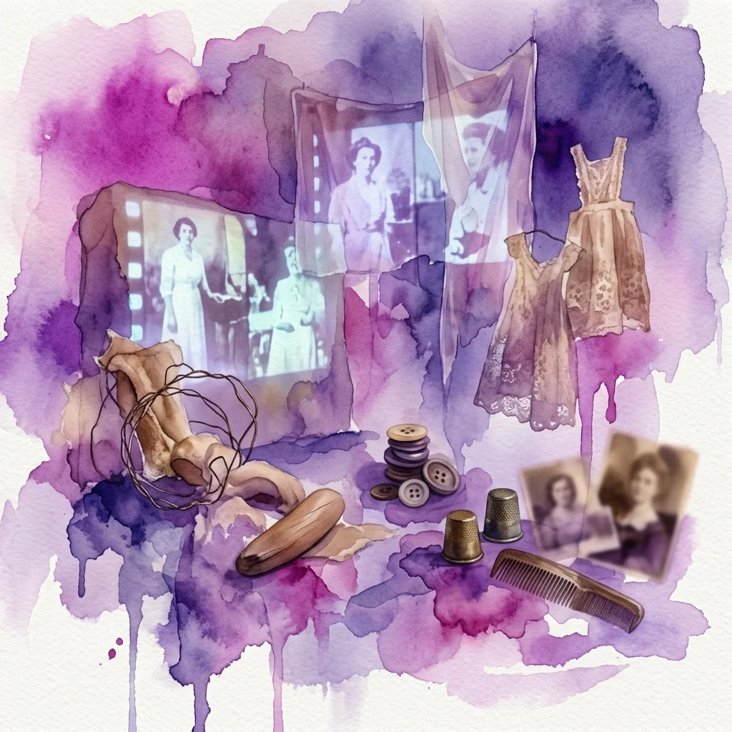 Ilustracja akwarelowa wielomedialnej instalacji artystycznej zawierającej zabytkowe fotografie, projekcję filmową, stare ubrania, guziki, naparstki i grzebień, przywołująca surrealistyczny senny krajobraz wspomnień i historii rodziny.