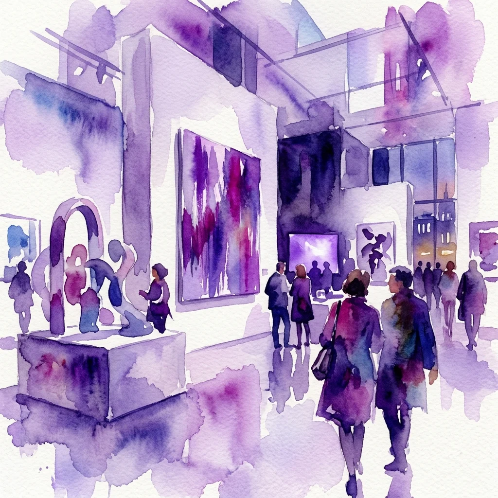 Watercolor illustration of a contemporary art exhibition with visitors viewing diverse artworks, including paintings, sculptures, and installations, in a modern gallery space with purple and blue hues.