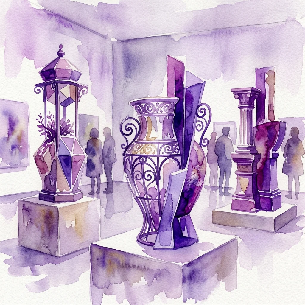 Ilustracja akwarelowa wystawy Magali Reus w Kunsthalle Wien, przedstawiająca rzeźby w odcieniach fioletu łączące klasyczne i nowoczesne elementy projektowe, w tym ozdobne wazony i formy architektoniczne na postumentach wystawowych.